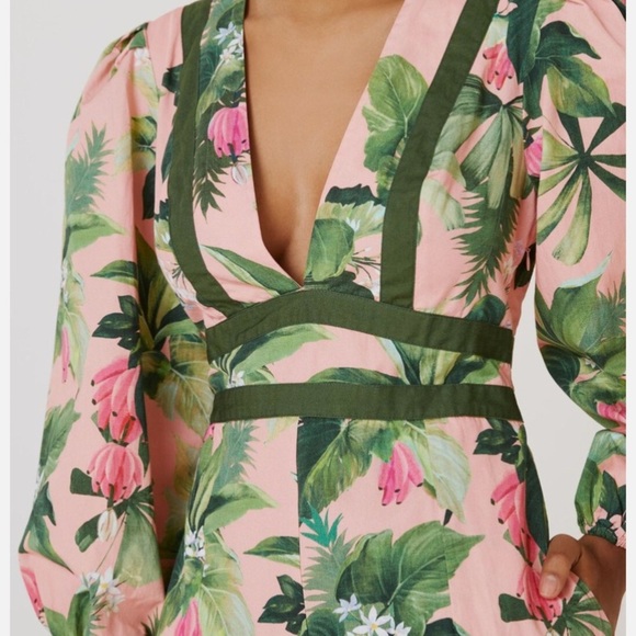 Farm Rio x Anthropologie XS NWT Deep-V Wide Leg Jumpsuit Tropical Floral Pink - Picture 3 of 17